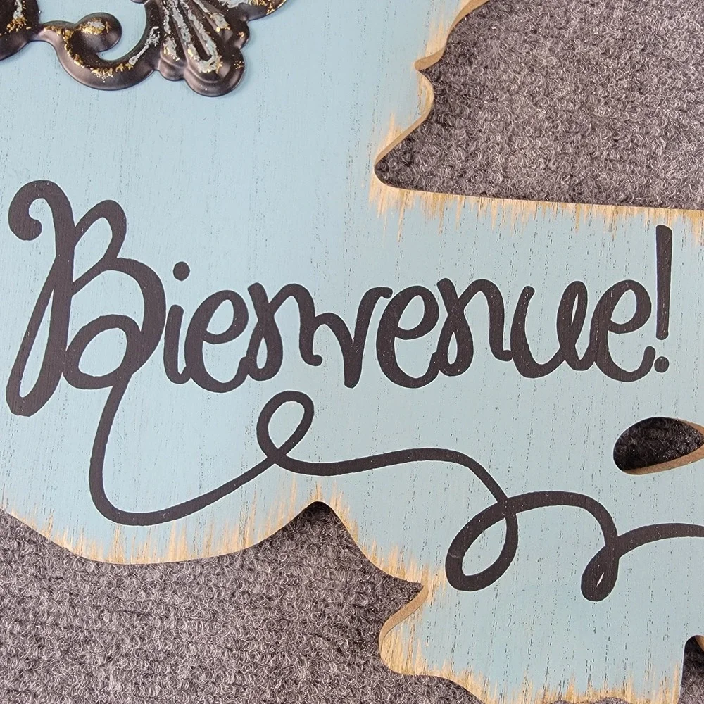 Louisiana State Blue Wooden Wall Decor Sign Cutout Fleur De Lis Bow 13